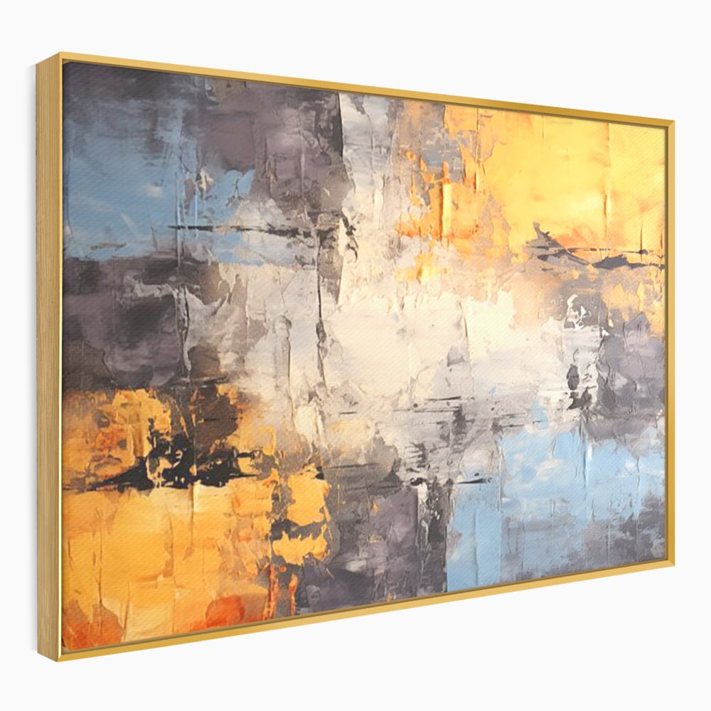 Tablou canvas cu pictura abstracta cu texturi portocalii si gri, in rama de aluminiu auriu